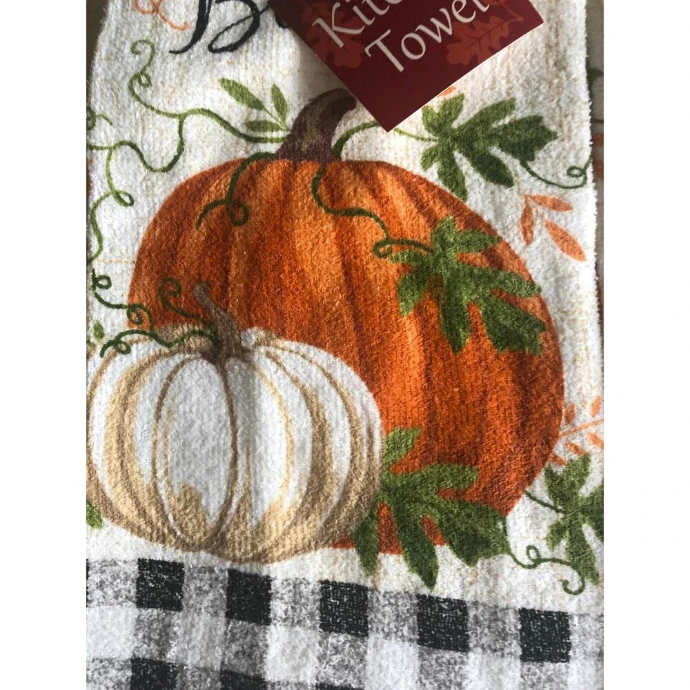 Thankful Blessed Kitchen Dish Towels Fall Country Buffalo Check Set of 2